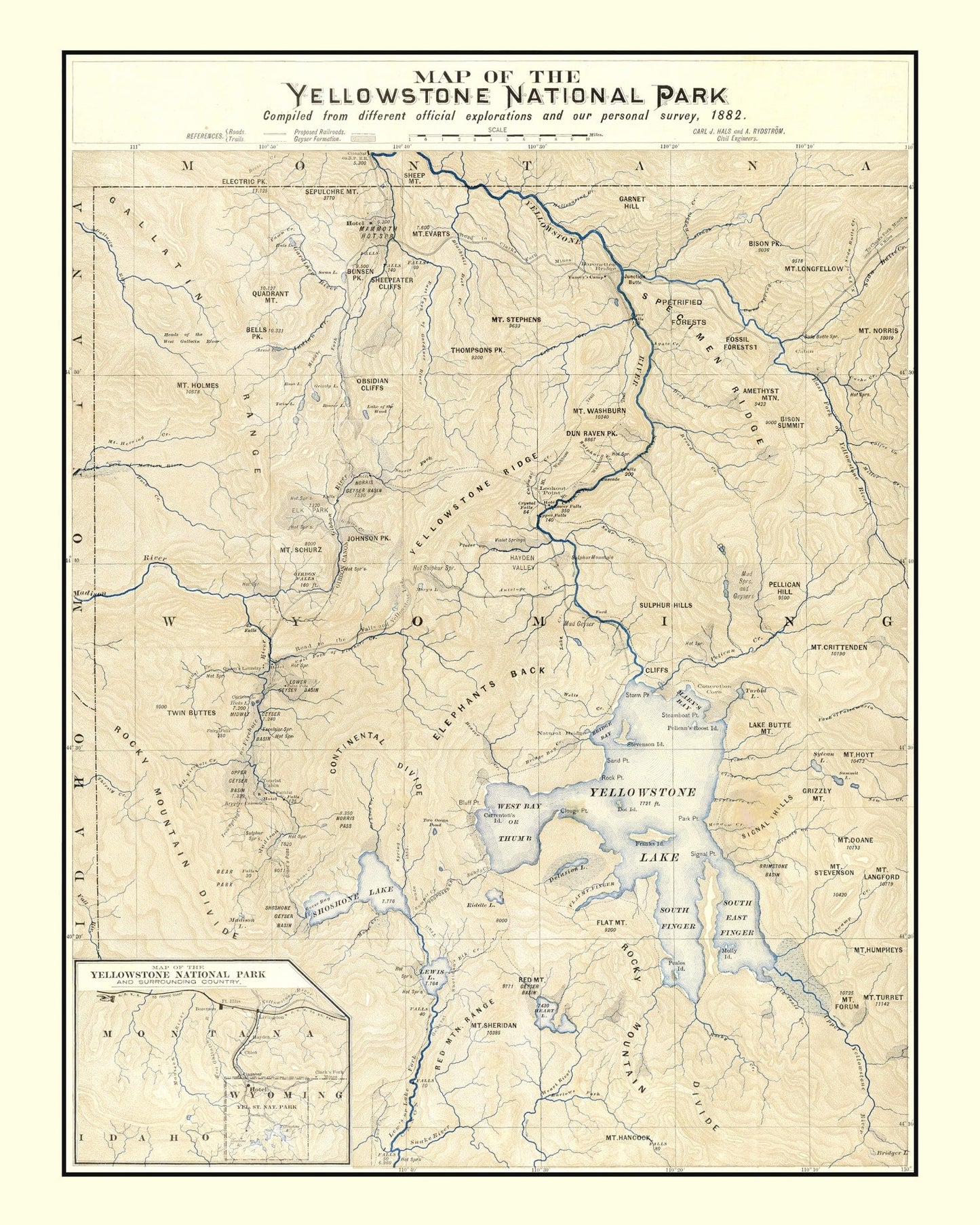 Vintage Map of Yellowstone National Park, 1882