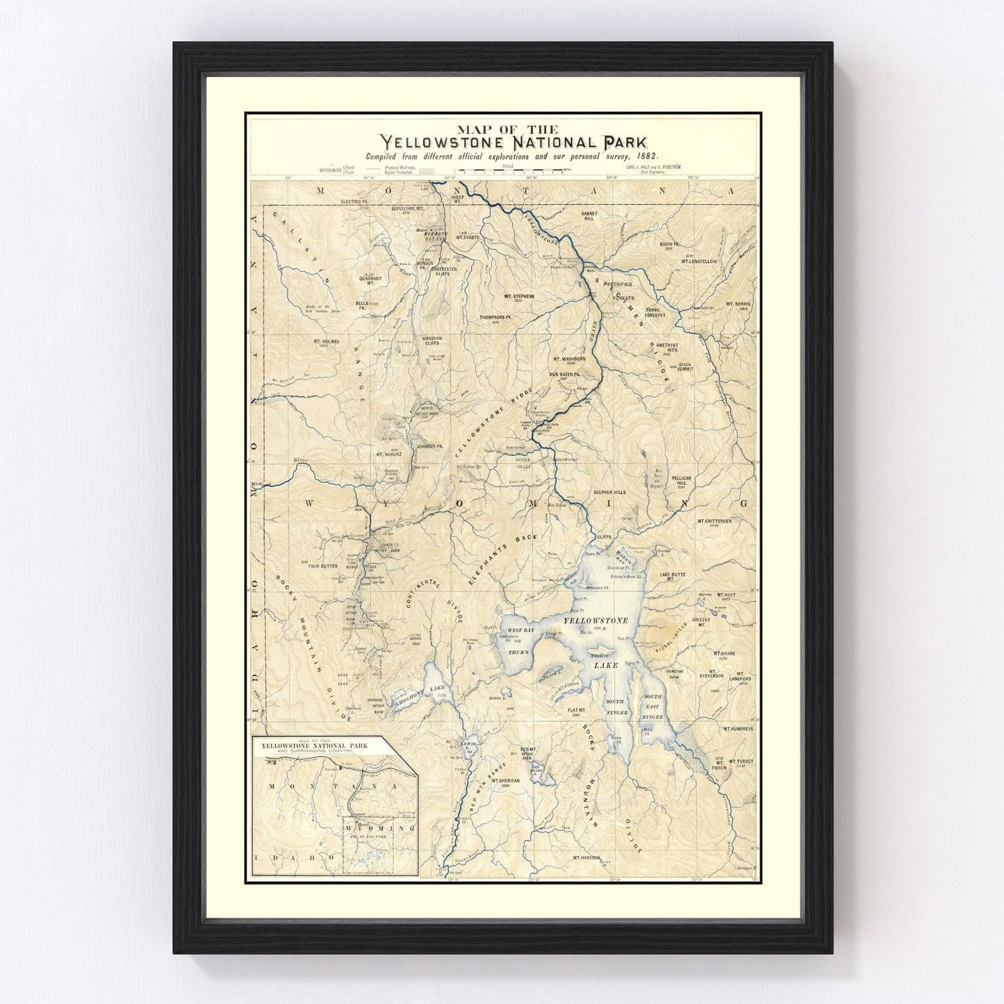 Vintage 1882 map of Yellowstone National Park one of the earliest national park maps, restored print