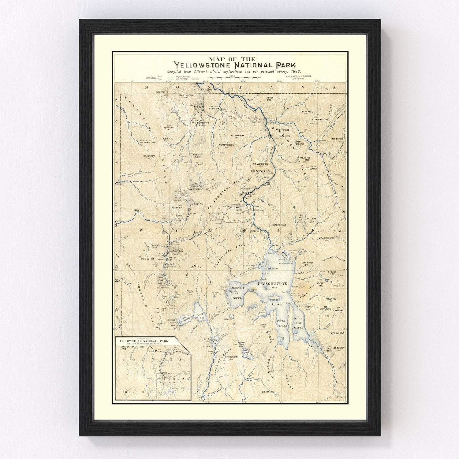 Vintage 1882 map of Yellowstone National Park one of the earliest national park maps, restored print