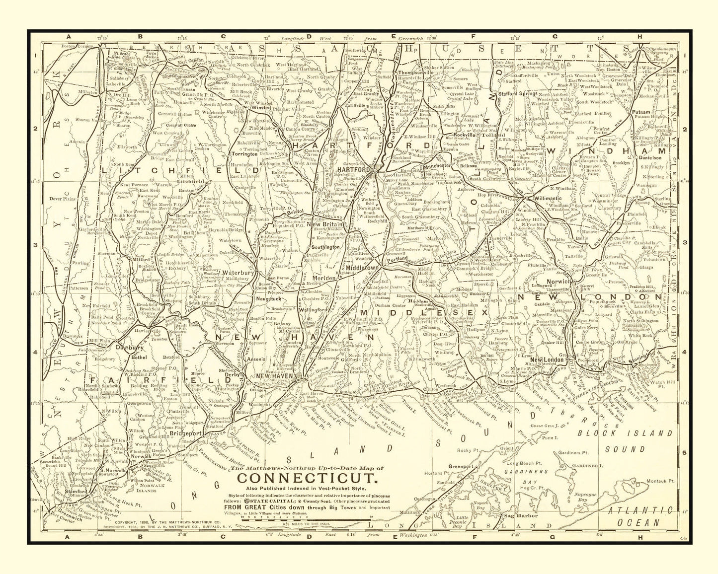 Vintage Map of Connecticut 1898