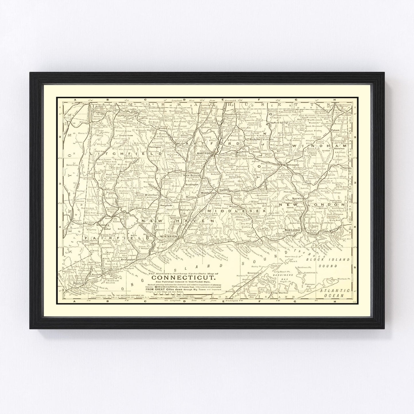 Vintage map of Connecticut, 1898