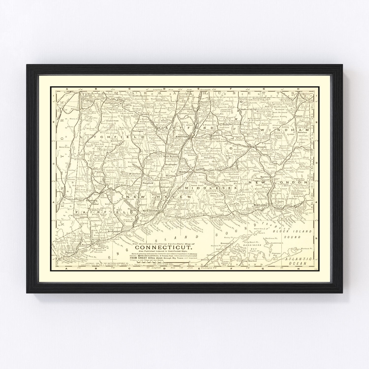 Vintage map of Connecticut, 1898