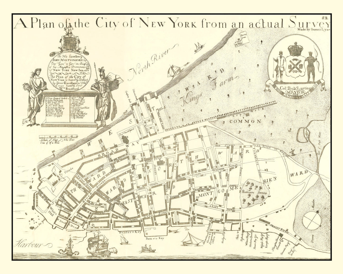 Vintage Map of New York City, New York, 1728