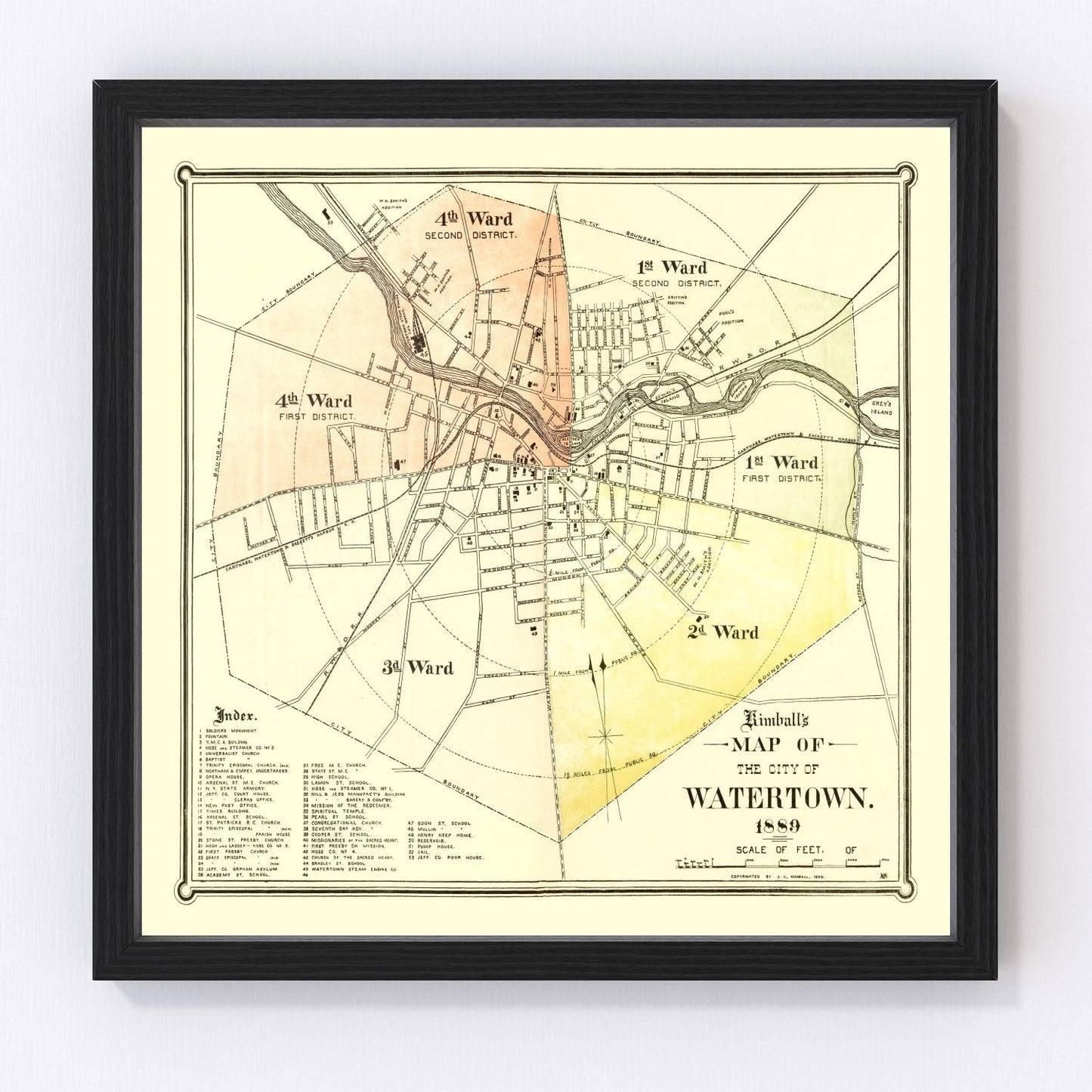 Vintage map of Watertown, New York, 1889 - Jefferson County restored cartographic print