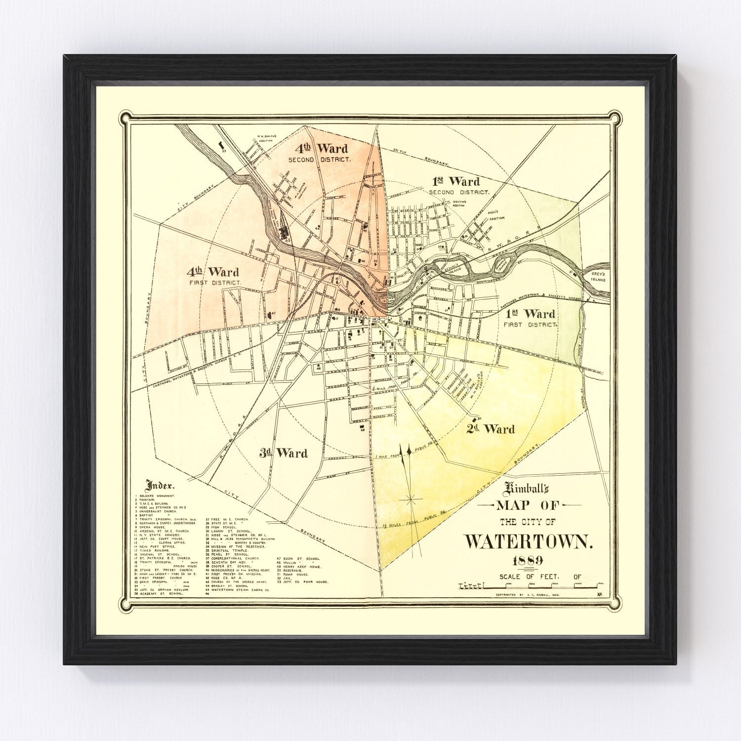 Vintage map of Watertown, New York, 1889 - Jefferson County restored cartographic print