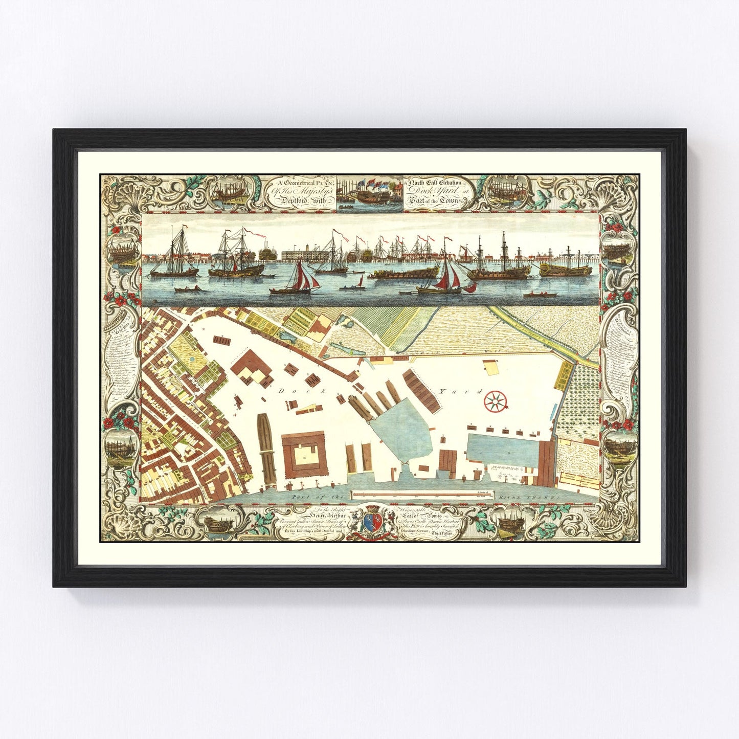 vintage map of the Royal Dockyard at Deptford, London, 1753
