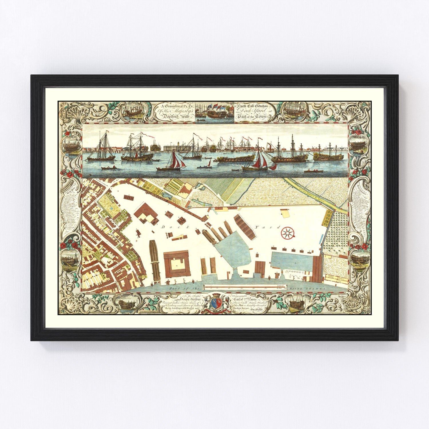 vintage map of the Royal Dockyard at Deptford, London, 1753