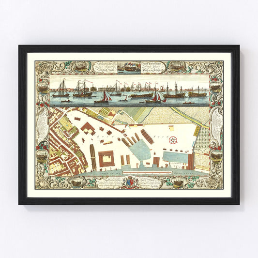 vintage map of the Royal Dockyard at Deptford, London, 1753