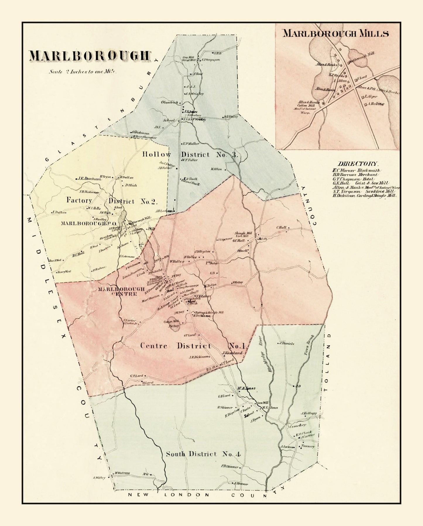 Vintage Map of Marlborough, Connecticut, 1869