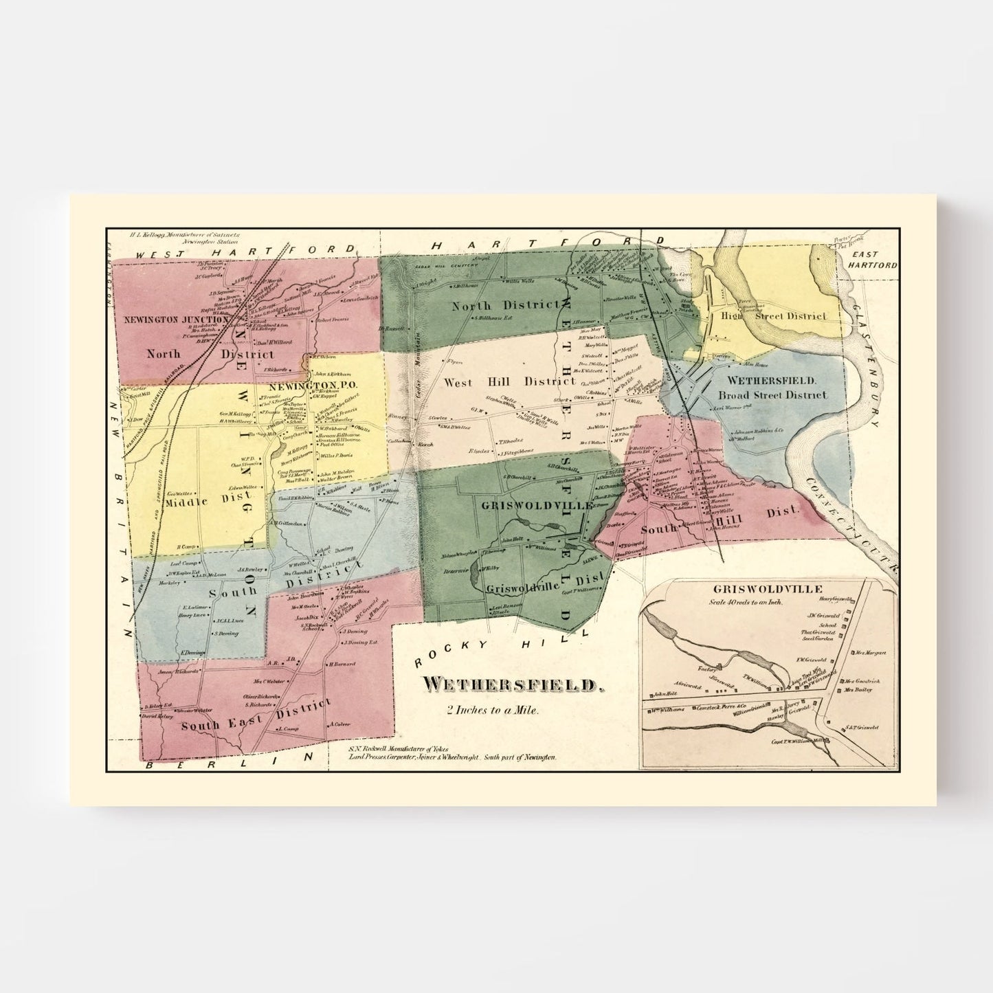 Vintage Map of Wethersfield, Connecticut, 1869