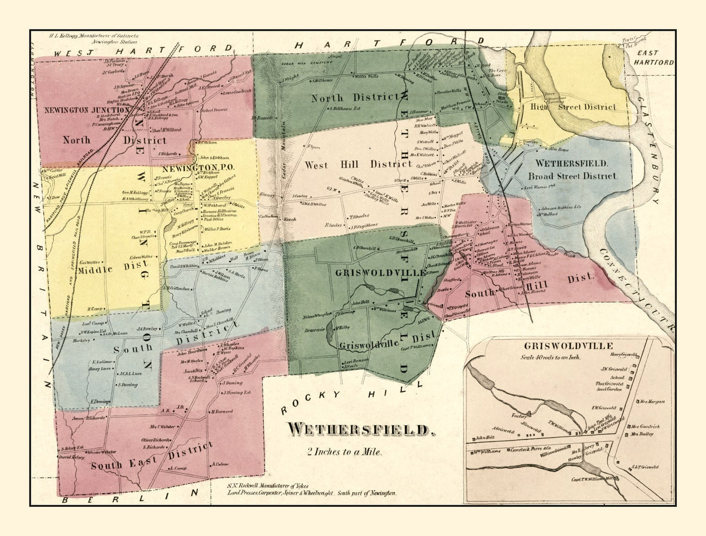 Vintage Map of Wethersfield, Connecticut, 1869