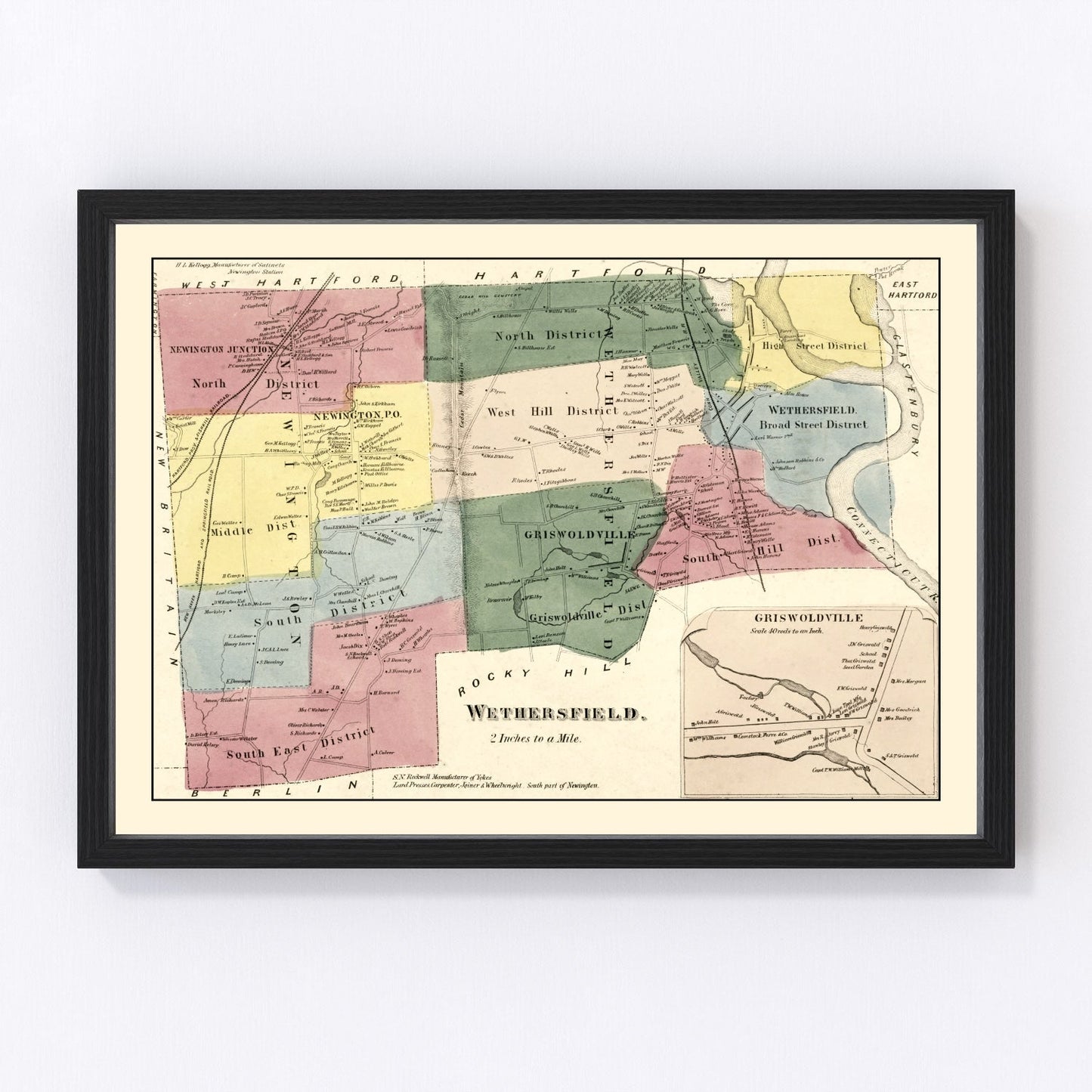 Vintage map of Wethersfield, Connecticut, 1869, Connecticut River town post-Civil War