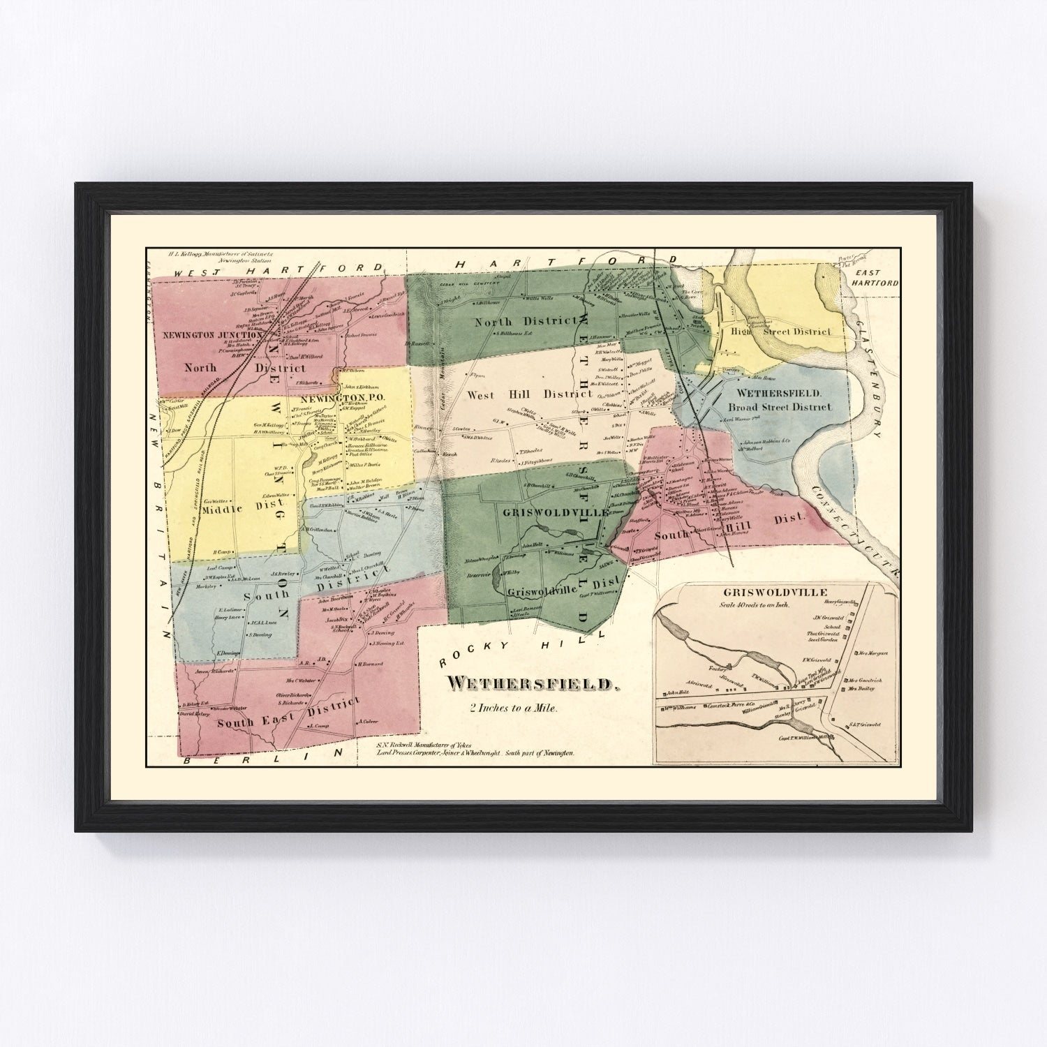 Vintage map of Wethersfield, Connecticut, 1869, Connecticut River town post-Civil War