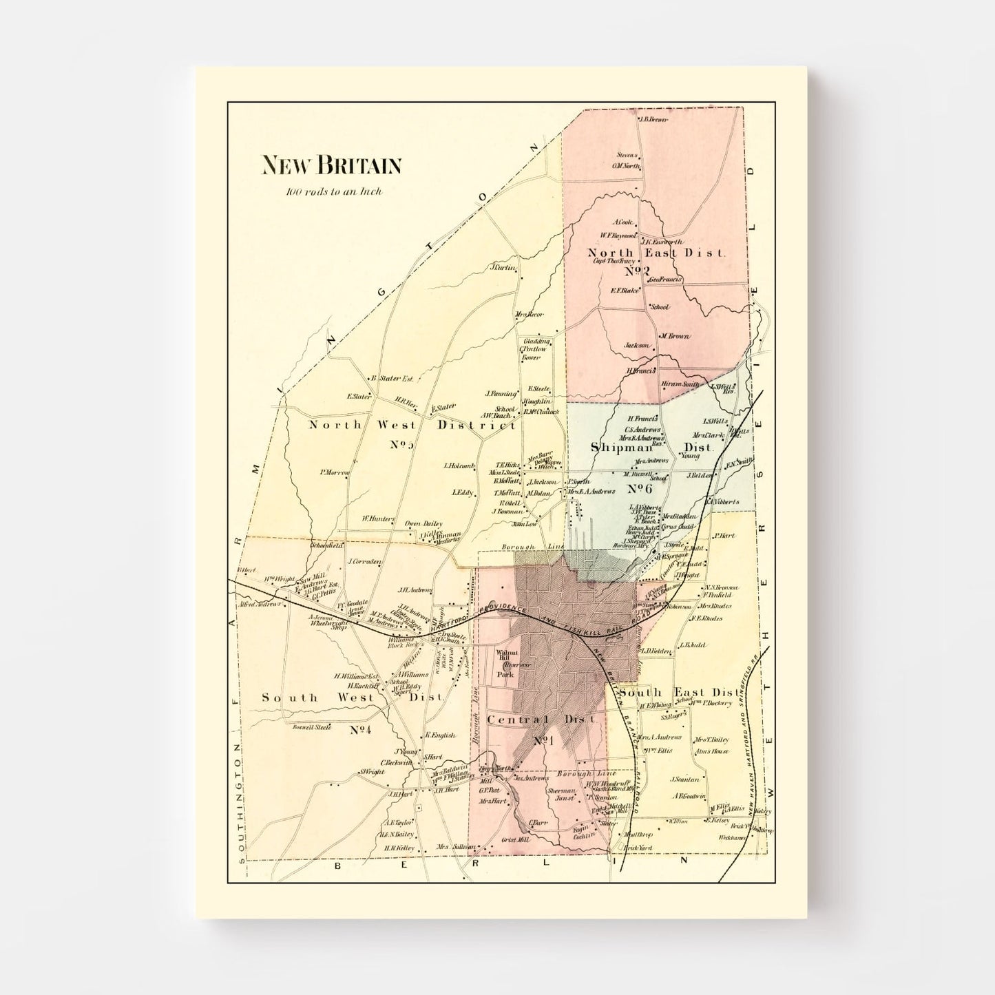 Vintage Map of New Britain, Connecticut, 1869