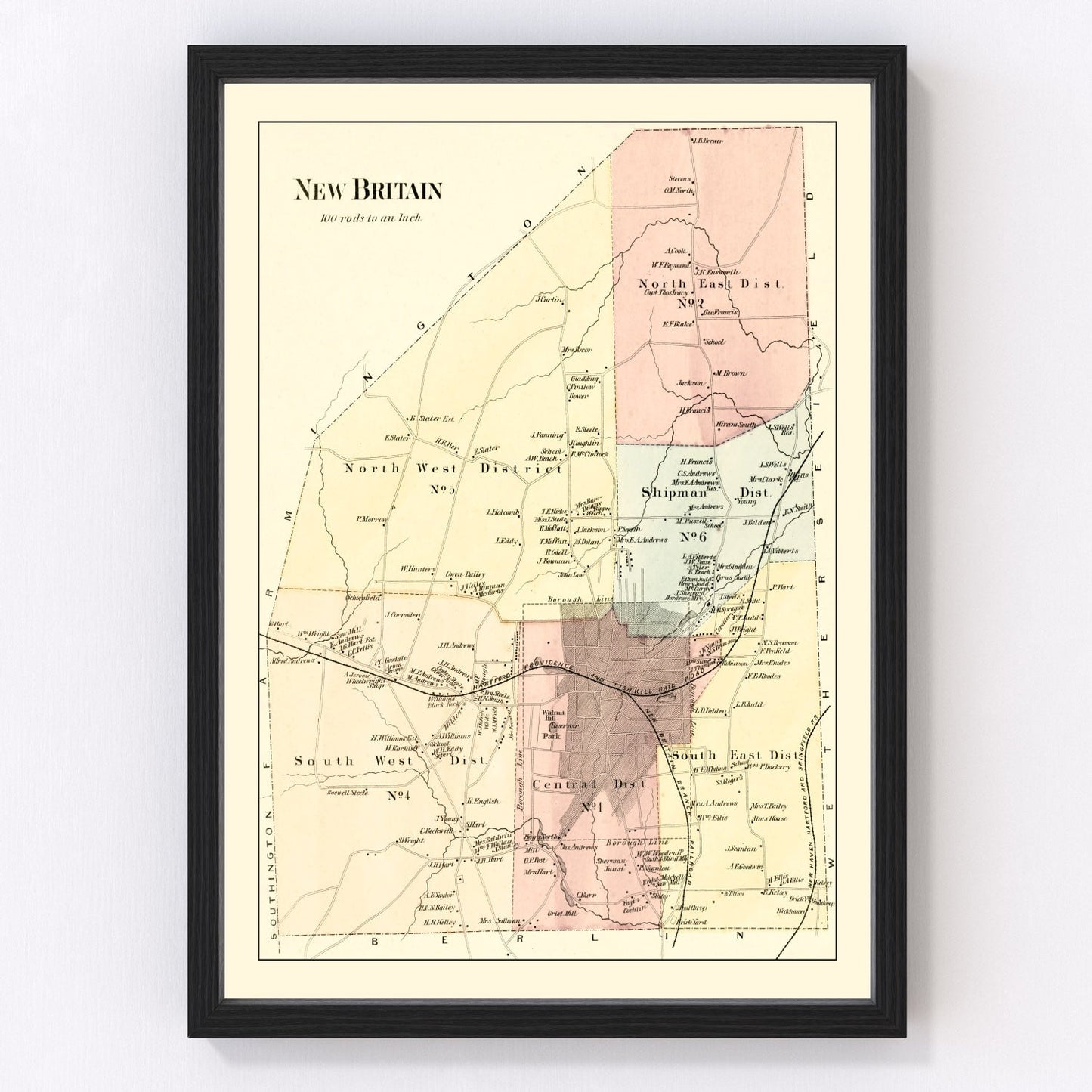 Vintage map of New Britain, Connecticut, 1869