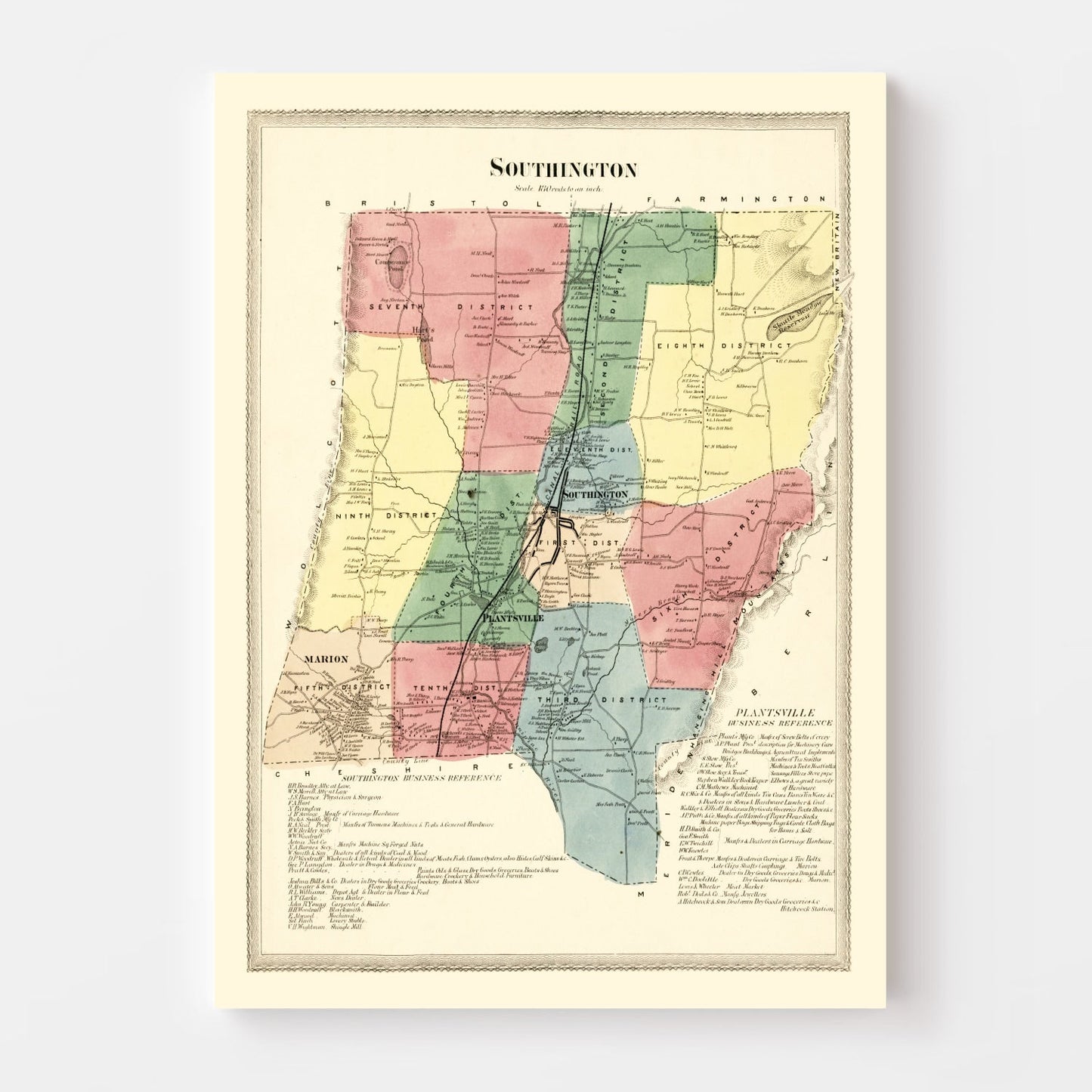 Vintage Map of Southington, Connecticut, 1869