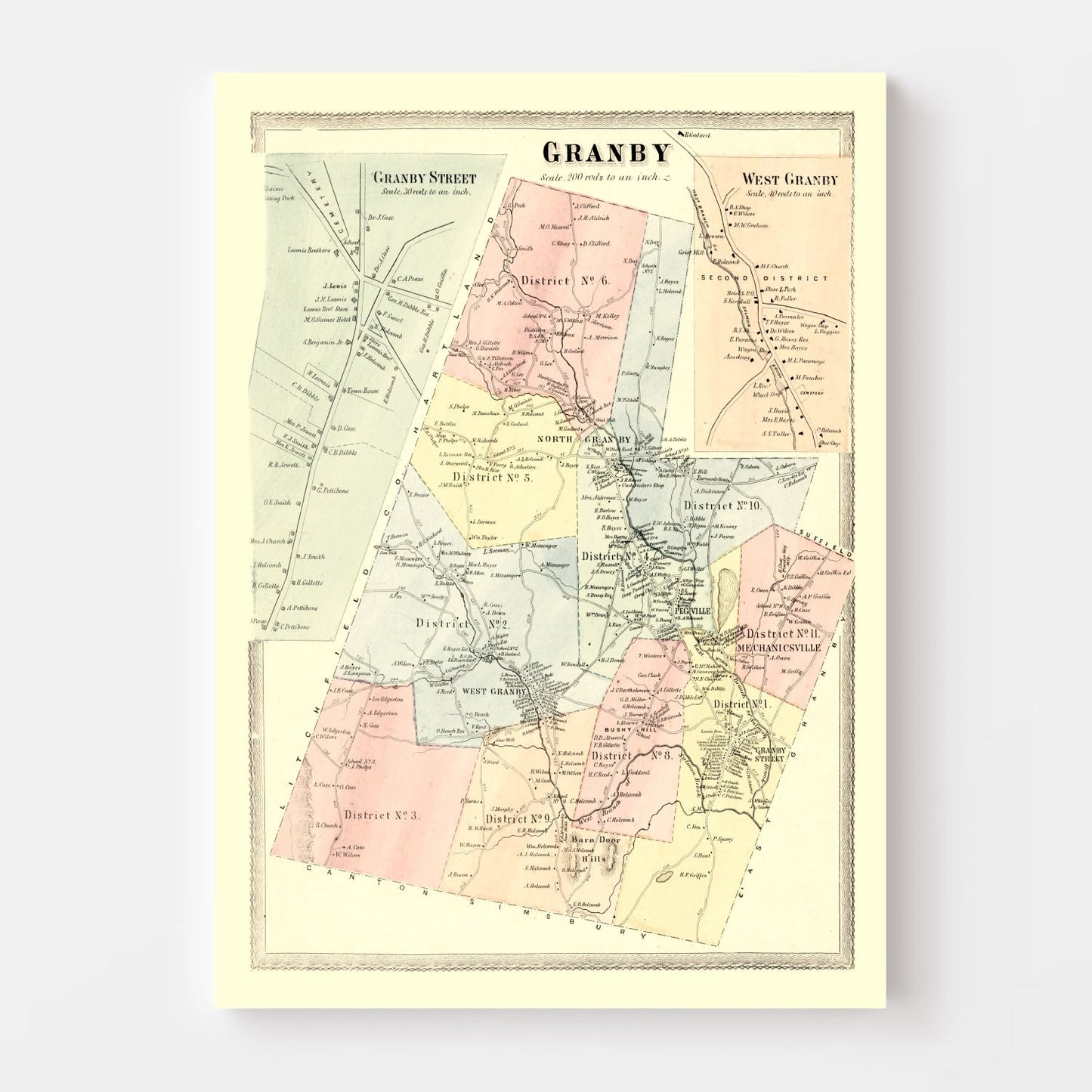 Vintage Map of Granby, Connecticut, 1869