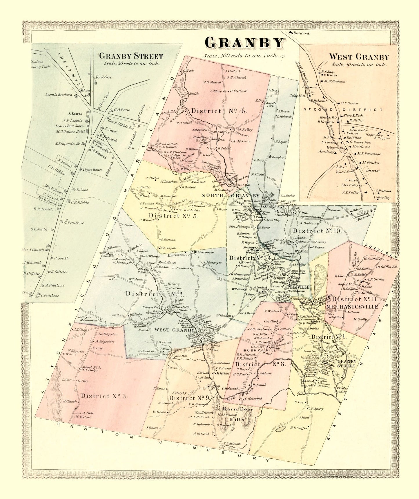 Vintage Map of Granby, Connecticut, 1869