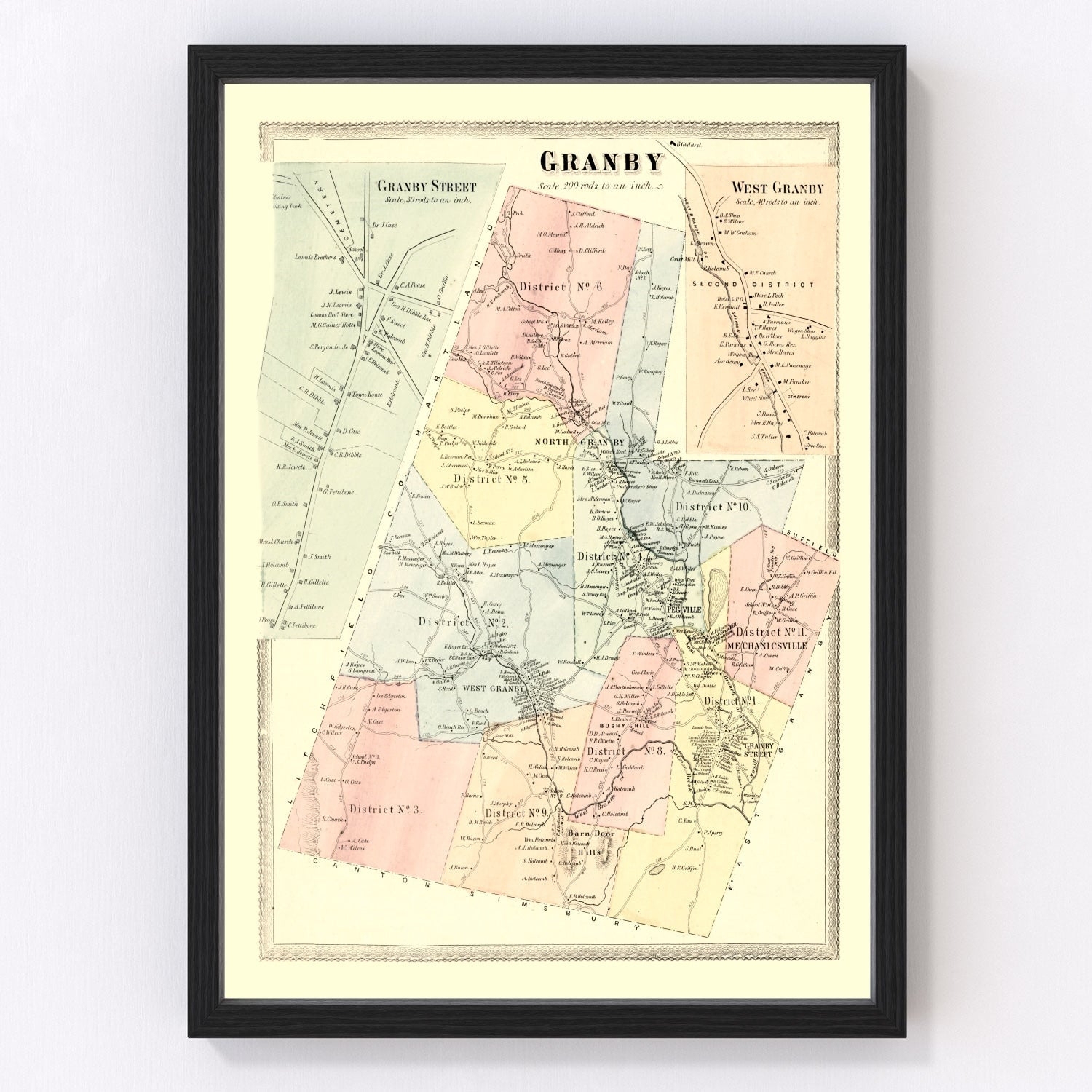 Vintage map of Granby, Connecticut, 1869