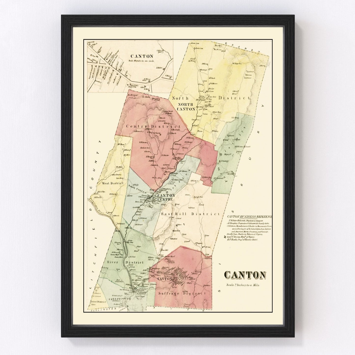 Vintage map of Canton, Connecticut, 1869, restored vintage wall art print