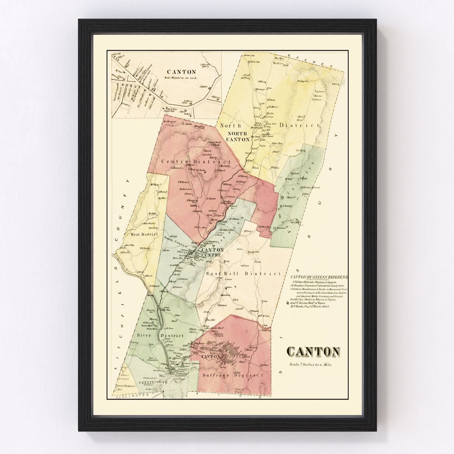 Vintage map of Canton, Connecticut, 1869, restored vintage wall art print