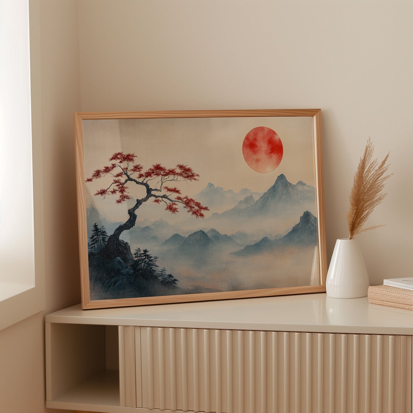 Japanese Red Sun and Bonsai Mountain Wall Art Print