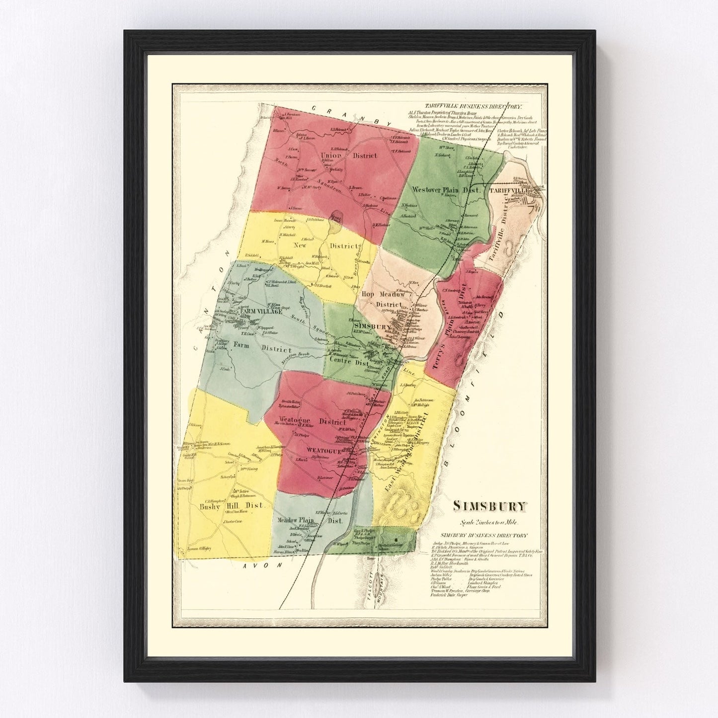 vintage map of Simsbury, Connecticut, 1869