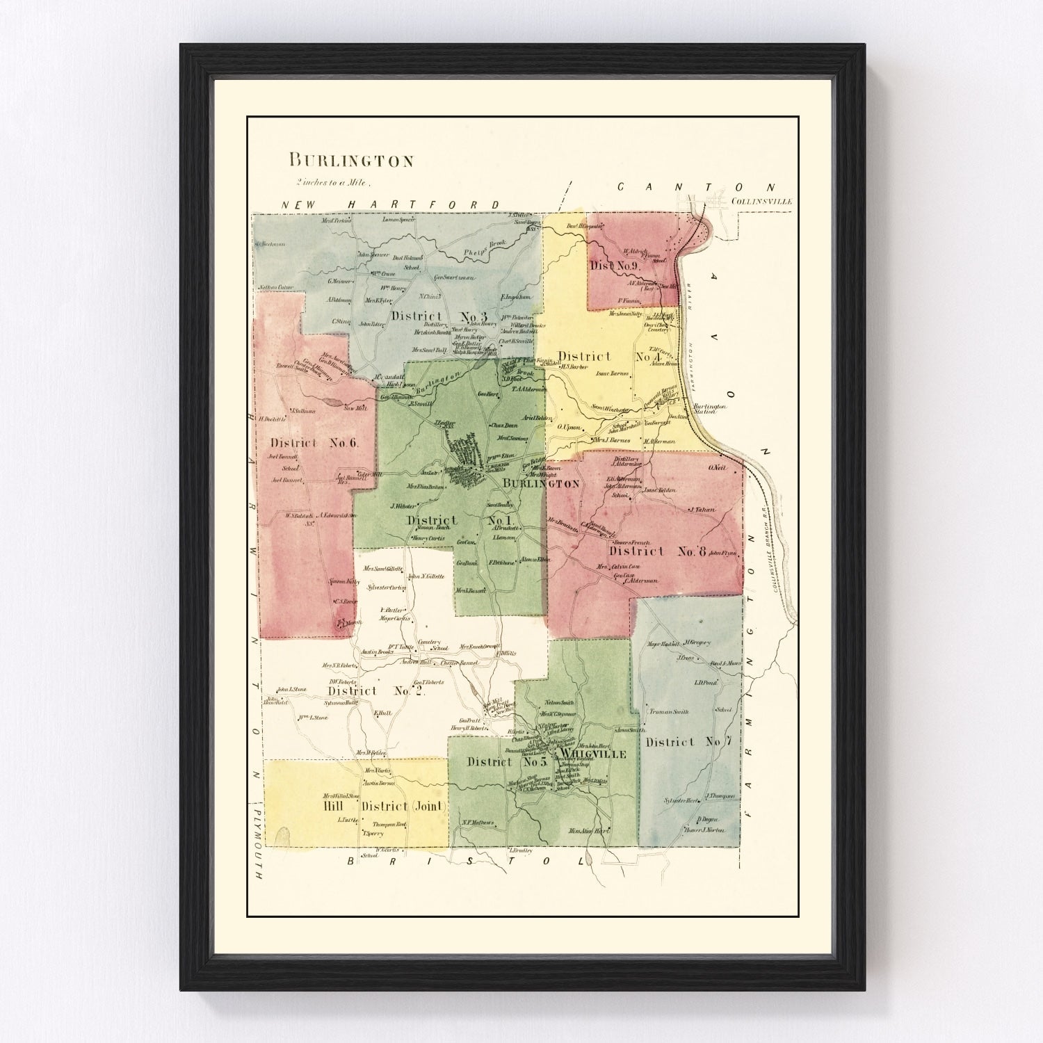 Vintage map of Burlington, Connecticut, 1869, digitally restored