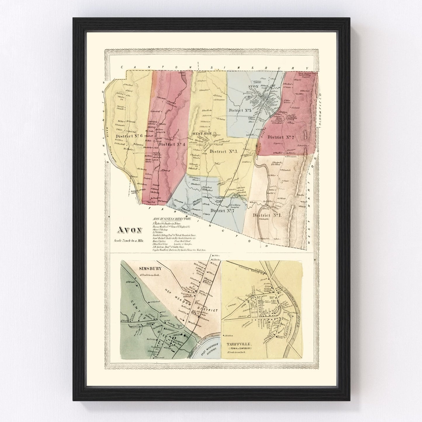 Vintage map of Avon, Hartford County, Connecticut, 1869, restored print