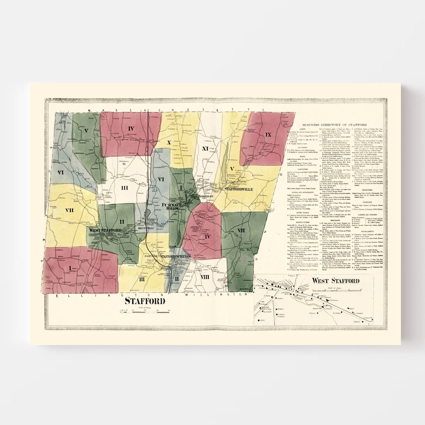 Vintage Map of Stafford, Connecticut, 1869