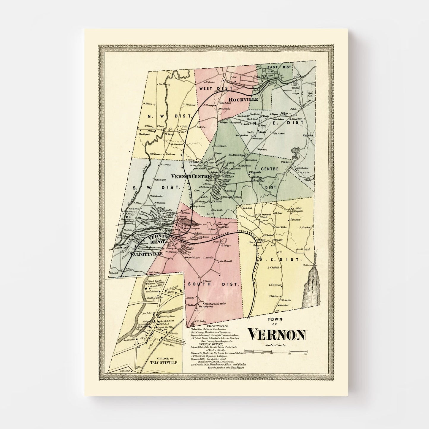 Vintage Map of Vernon, Connecticut, 1869