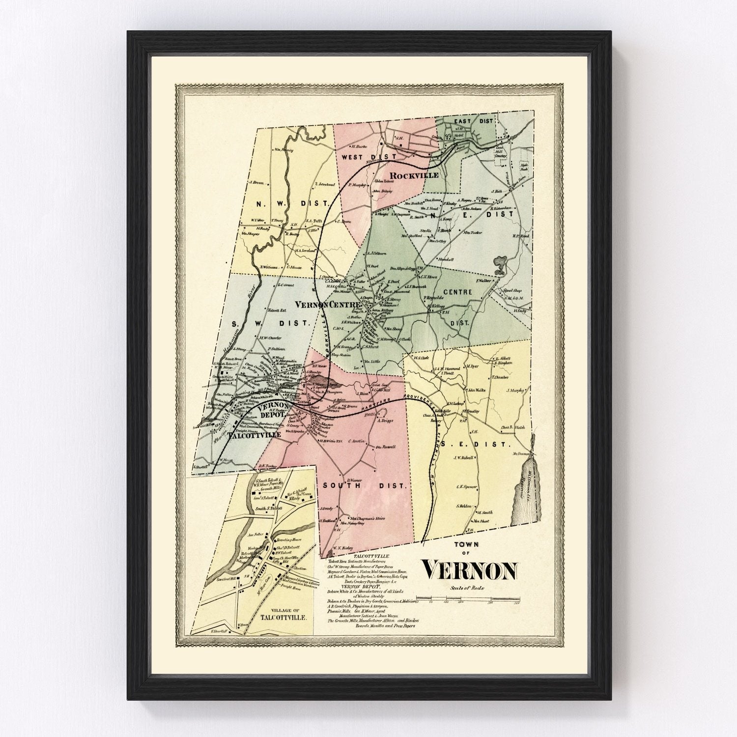 vintage map of Vernon, Connecticut, 1869