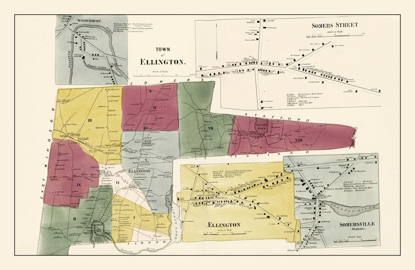 Vintage Map of Ellington, Connecticut, 1869