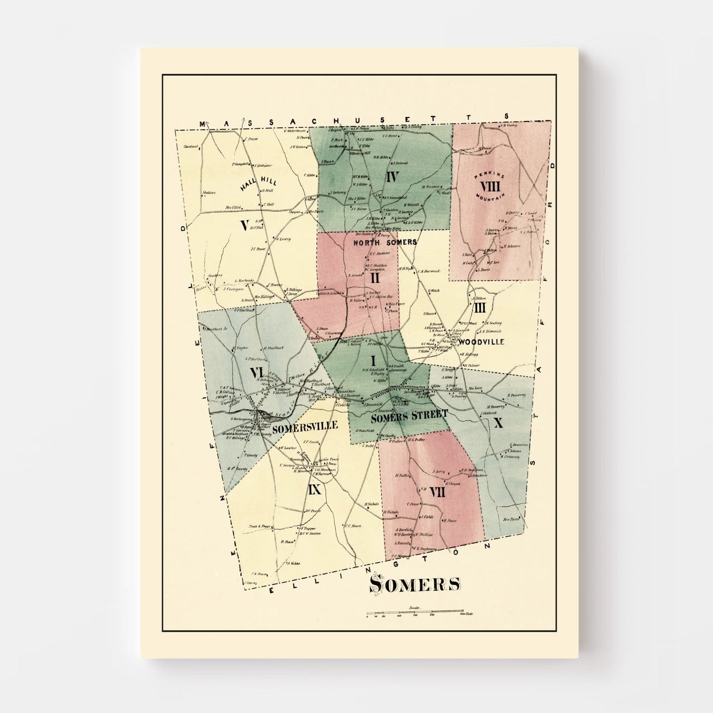 Vintage Map of Somers, Connecticut, 1869
