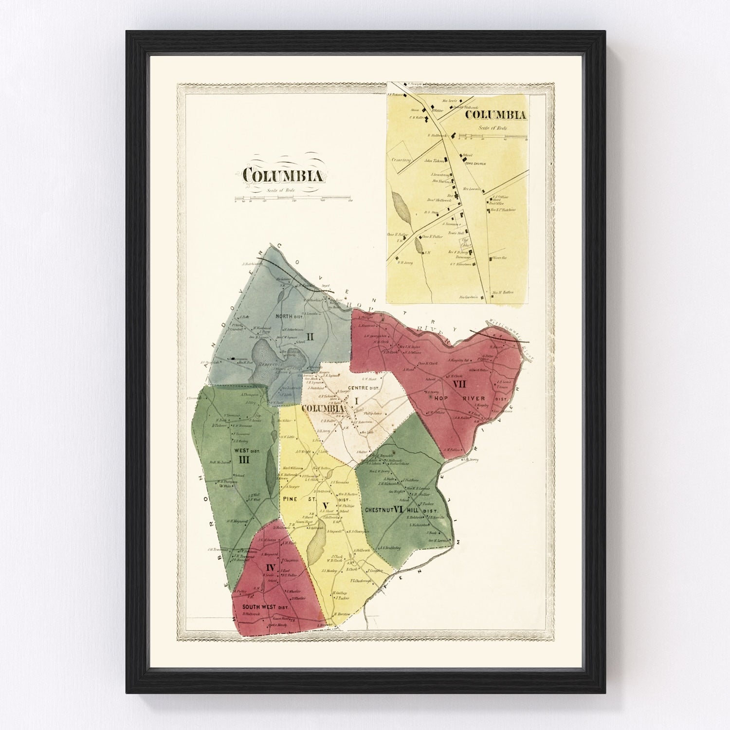 Vintage map of Columbia, Connecticut, 1869