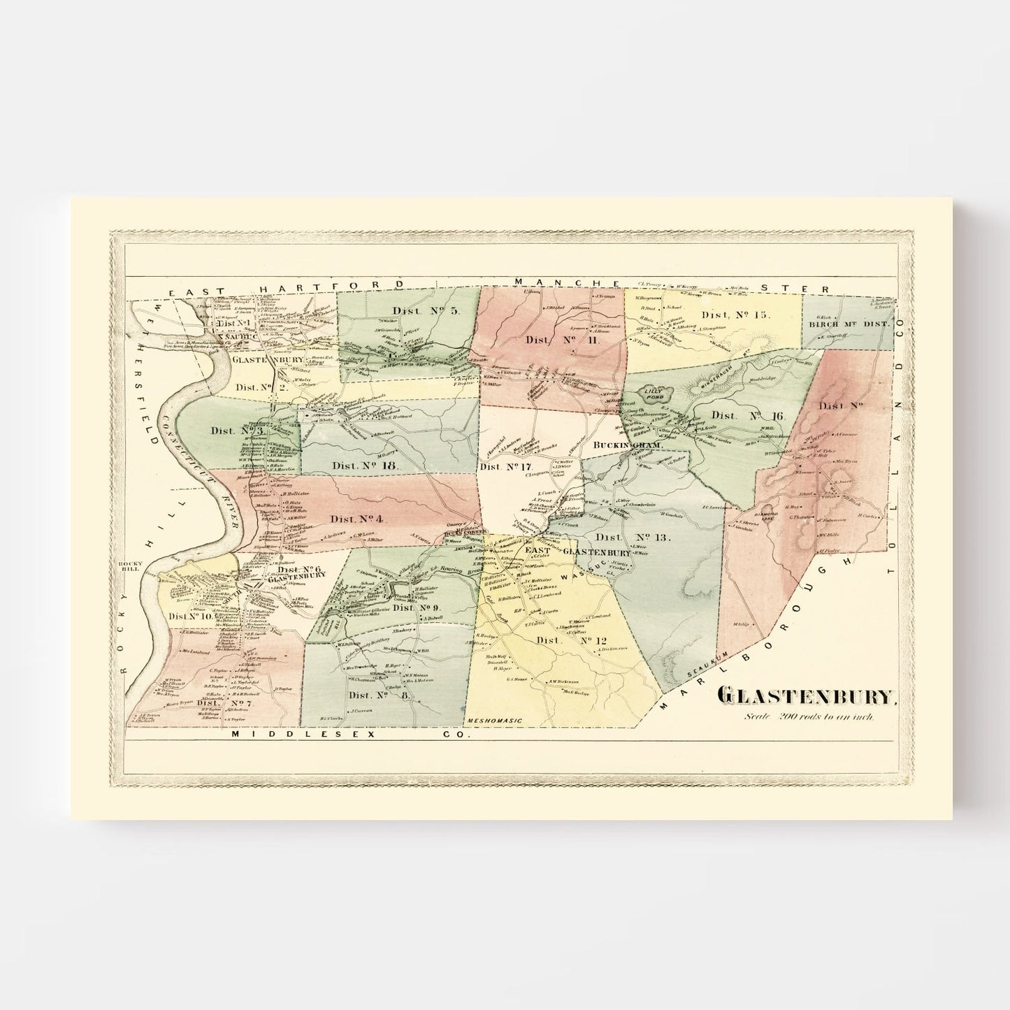 Vintage Map of Glastenbury, Connecticut, 1869