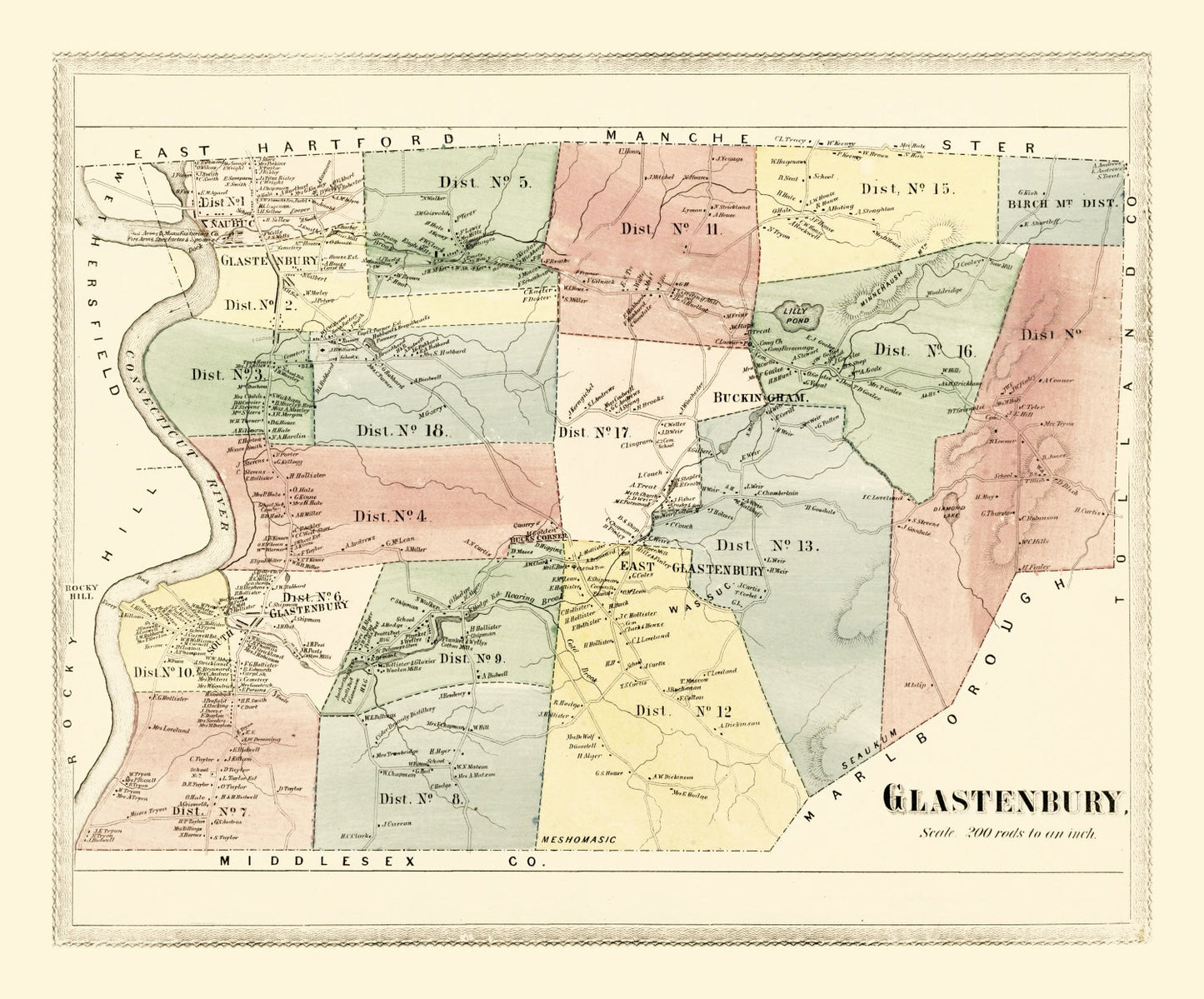 Vintage Map of Glastenbury, Connecticut, 1869