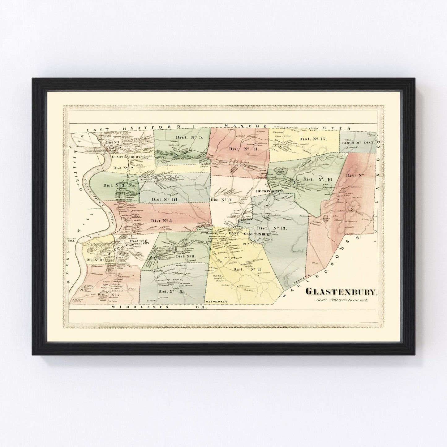 Vintage map of Glastenbury, Connecticut, 1869