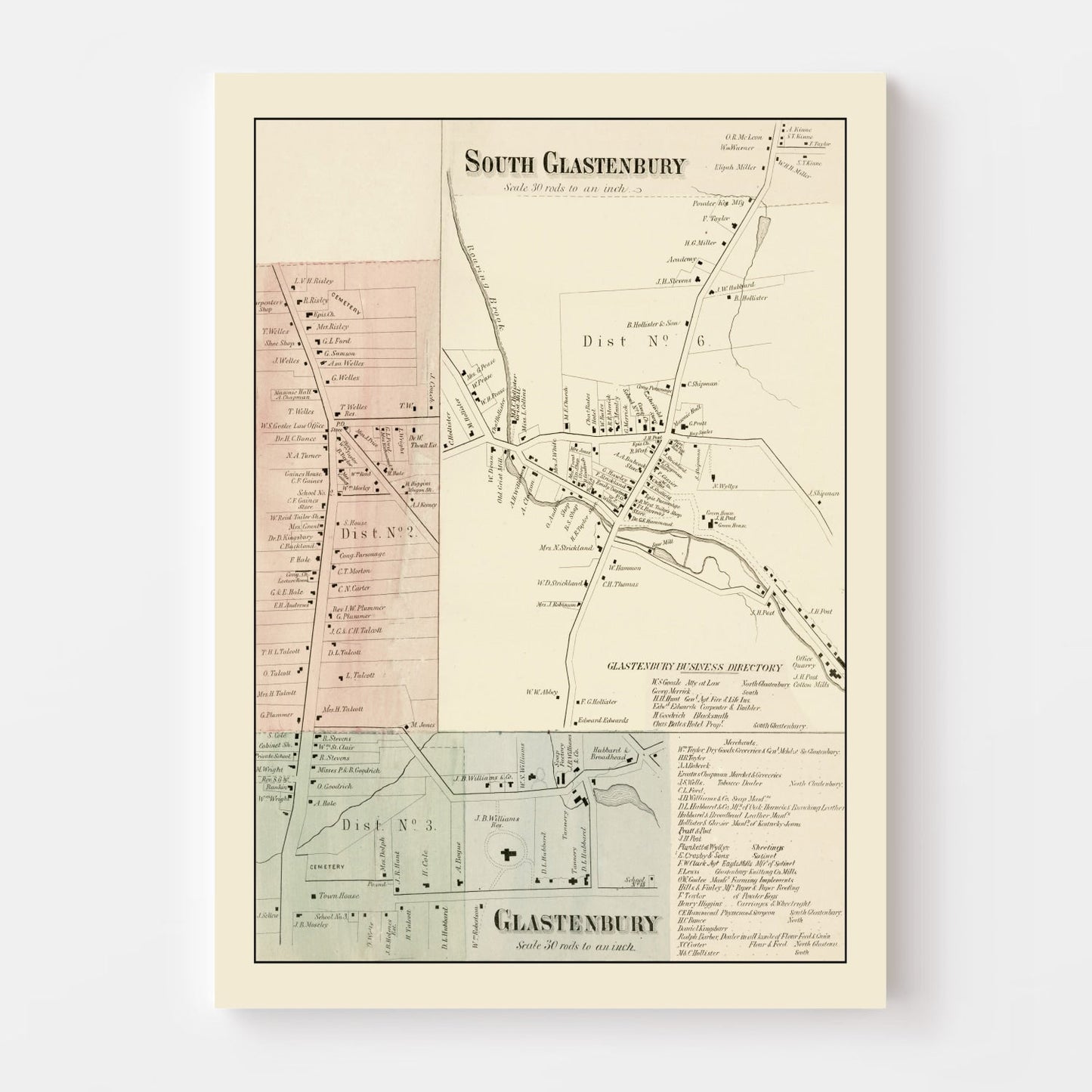 Vintage Map of South Glastonbury, Connecticut, 1869