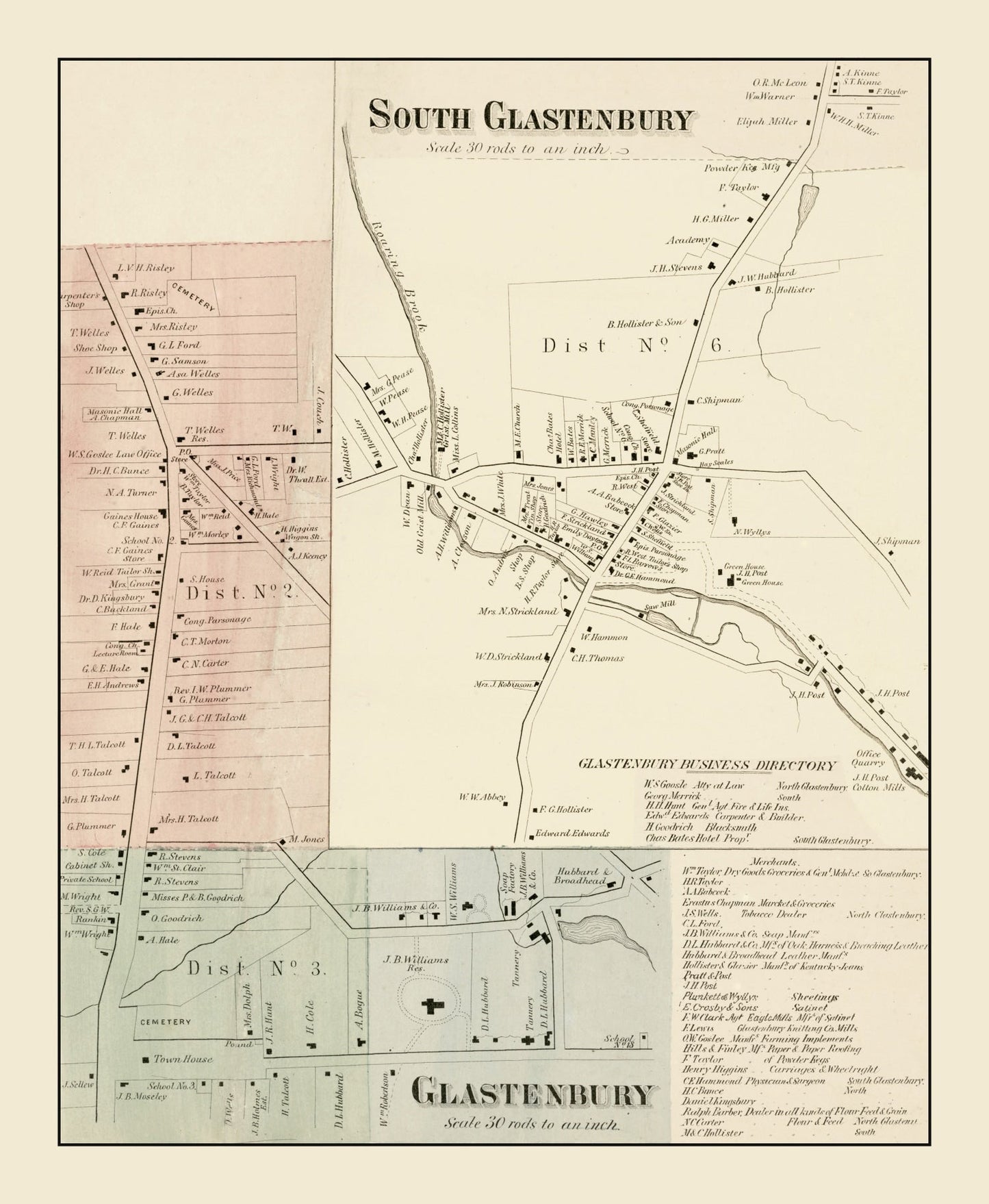 Vintage Map of South Glastonbury, Connecticut, 1869