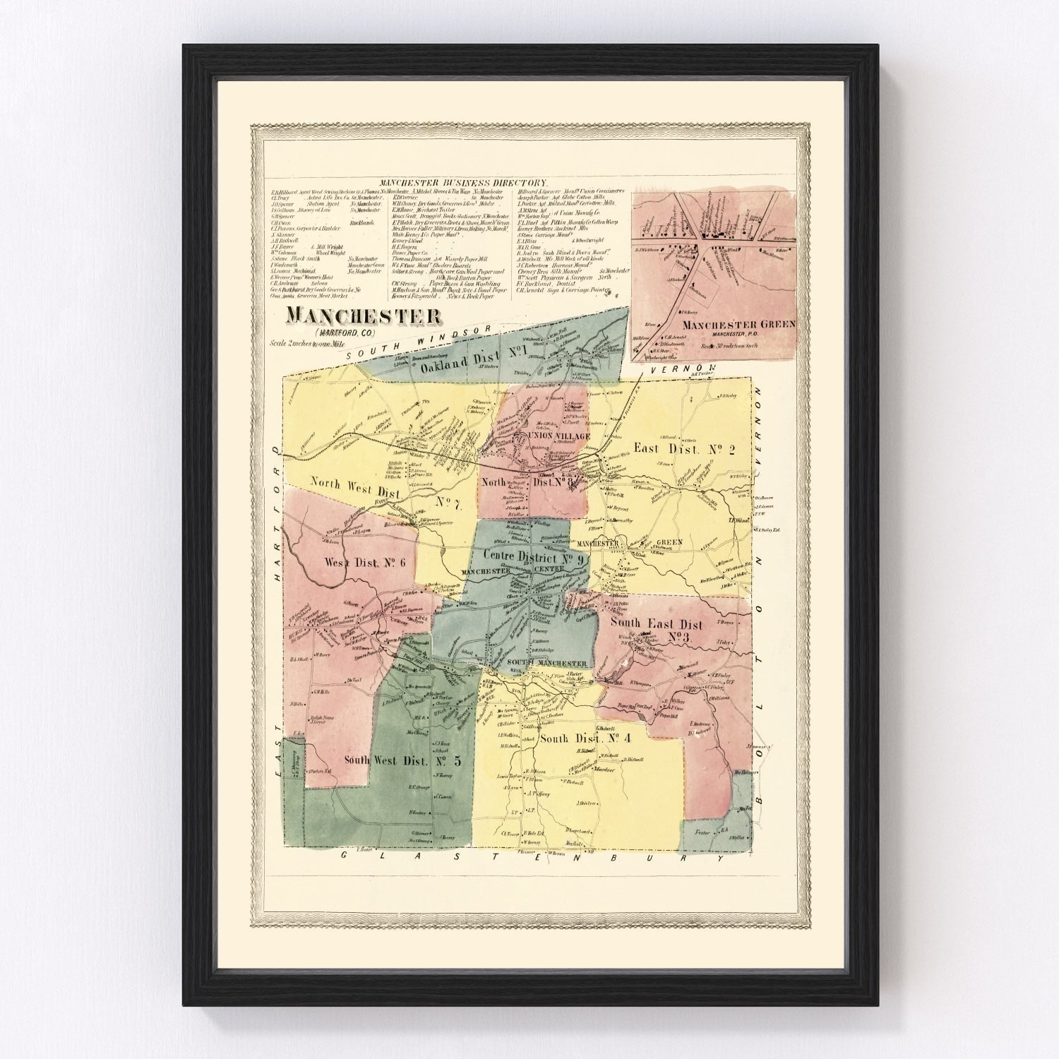 Vintage map of Manchester, Connecticut, 1869