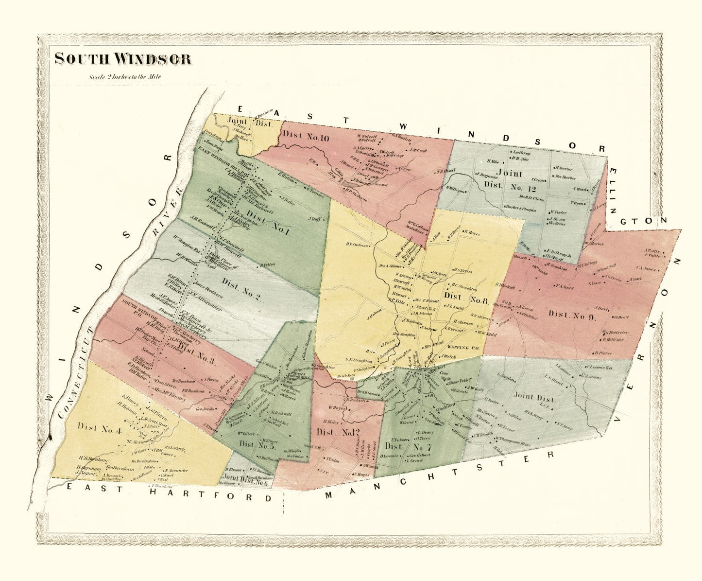 Vintage Map of South Windsor, Connecticut, 1869