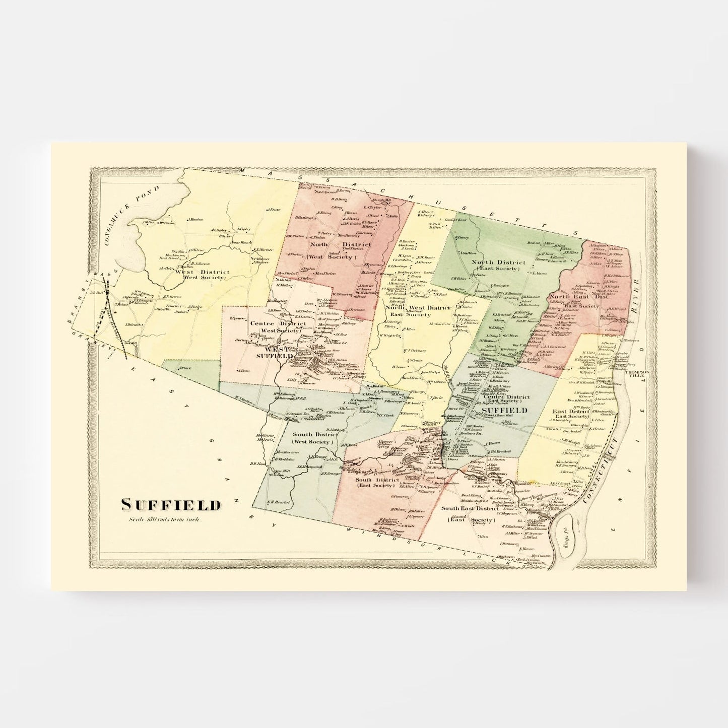 Vintage Map of Suffield, Connecticut, 1869