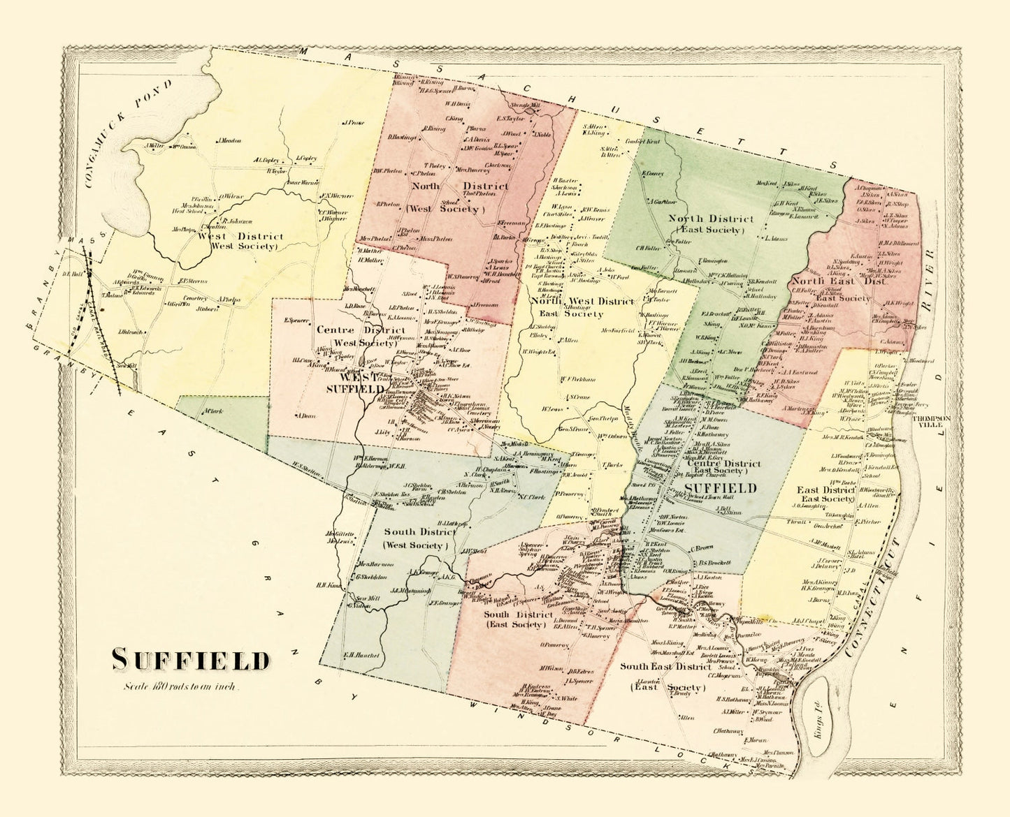 Vintage Map of Suffield, Connecticut, 1869