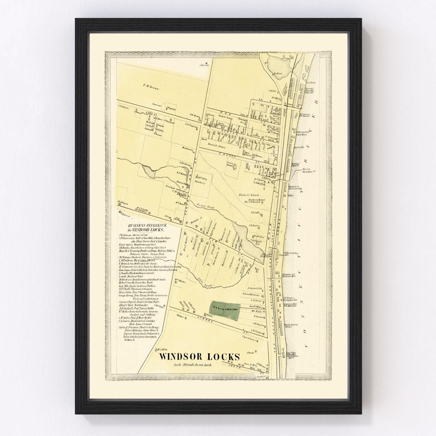 Vintage map of Windsor Locks, Connecticut, 1869, canal town restored print