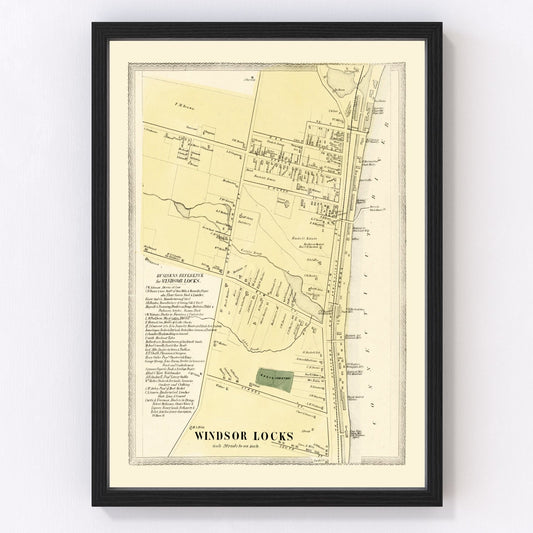 Vintage map of Windsor Locks, Connecticut, 1869, canal town restored print