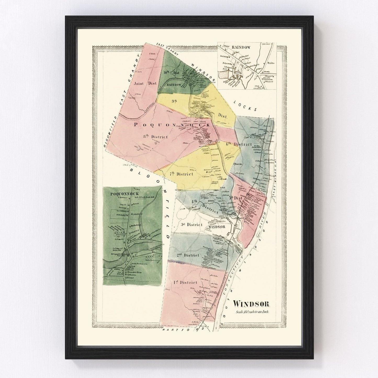 Vintage map of Windsor, Connecticut, 1869, Connecticut River town restored print