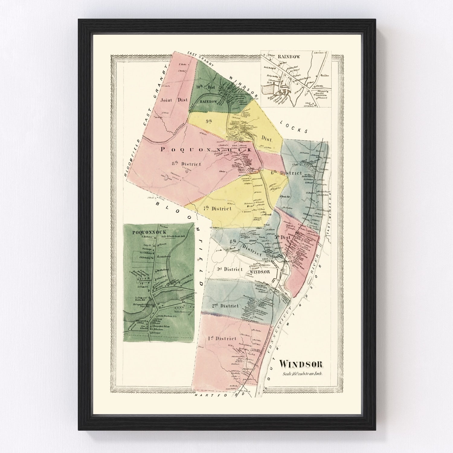 Vintage map of Windsor, Connecticut, 1869, Connecticut River town restored print