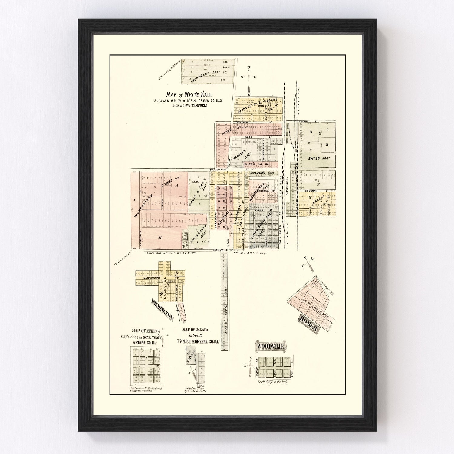 Vintage map of White Hall, Illinois, 1873 - Greene County restored print