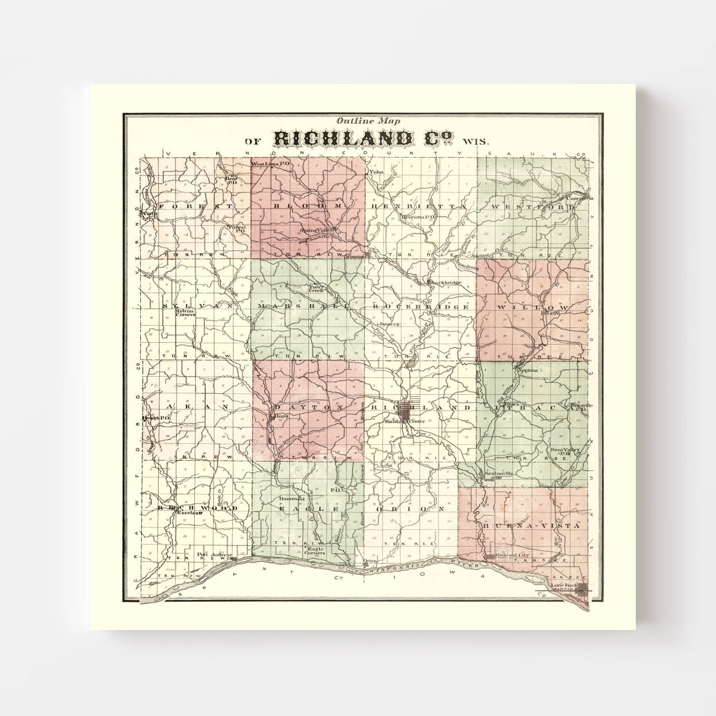 Vintage Map of Richland County, Wisconsin, 1874